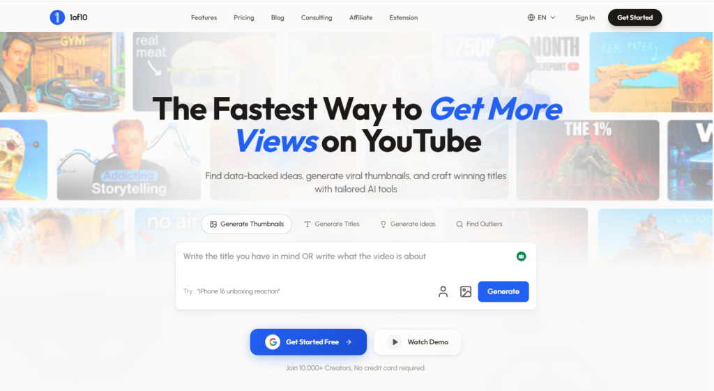 1of10 homepage screenshot, video AI tool