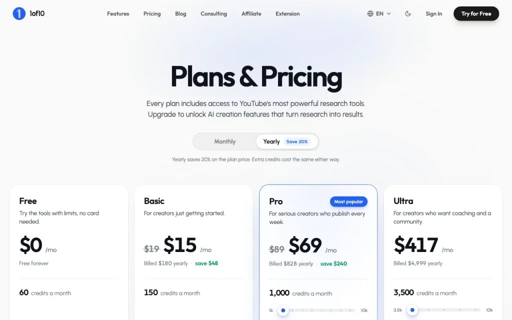 1of10 pricing page with plans and prices — screenshot of the video AI tool, Oct 1, 2026