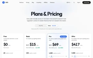 1of10 pricing page with plans and prices — screenshot of the video AI tool, 2026-10-01