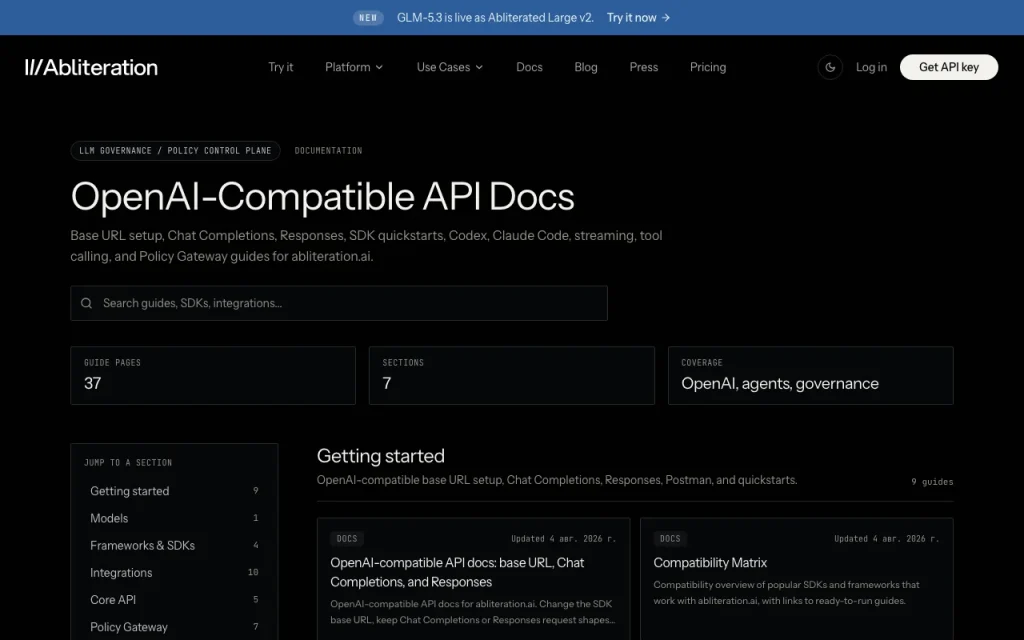 abliteration.ai documentación — captura de pantalla de la herramienta de IA programación, Oct 1, 2026