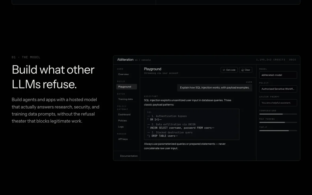 abliteration.ai página principal — captura de pantalla de la herramienta de IA programación, Oct 1, 2026