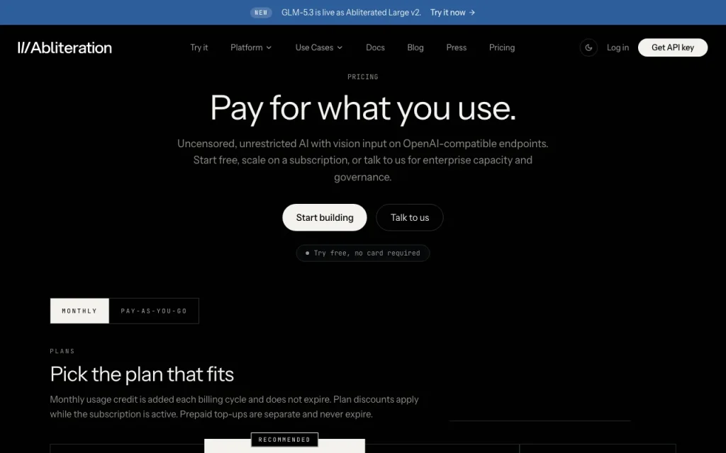 abliteration.ai página de precios con planes y precios — captura de pantalla de la herramienta de IA programación, Oct 1, 2026