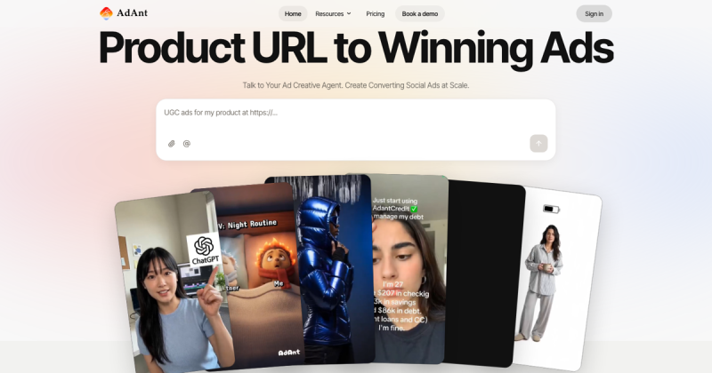 AdAnt homepage screenshot, video AI tool