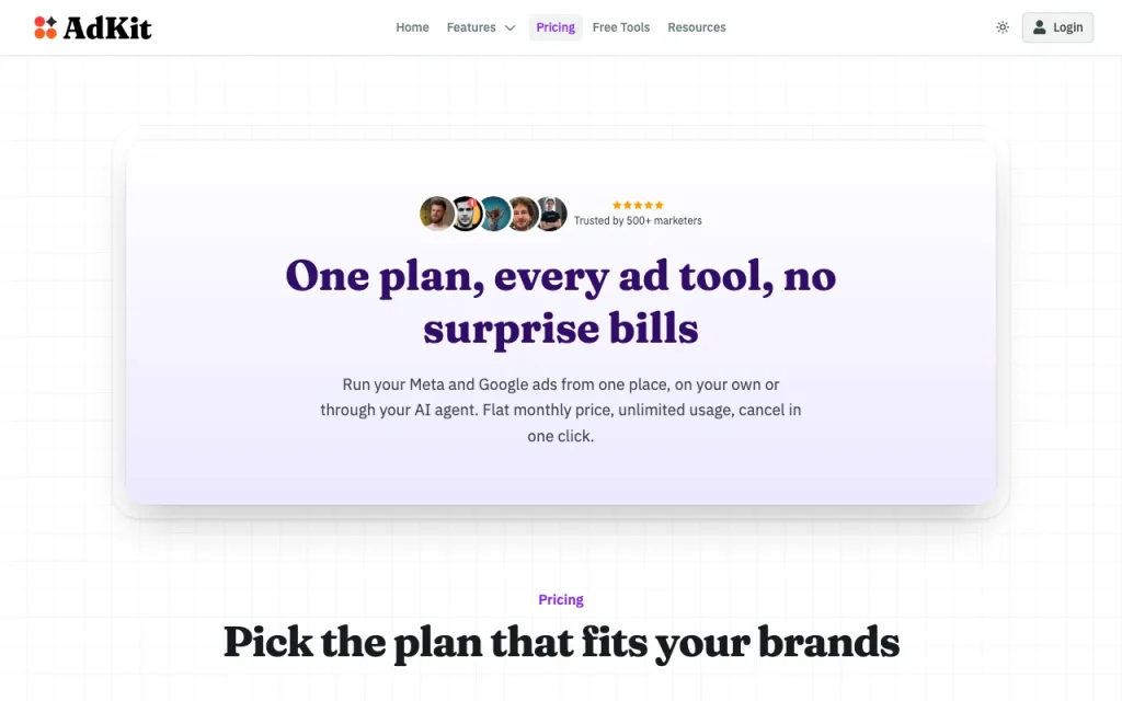 AdKit pricing page with plans and prices — screenshot of the productivity & writing AI tool, Oct 1, 2026