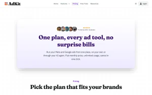 AdKit pricing page with plans and prices — screenshot of the productivity & writing AI tool, 2026-10-01