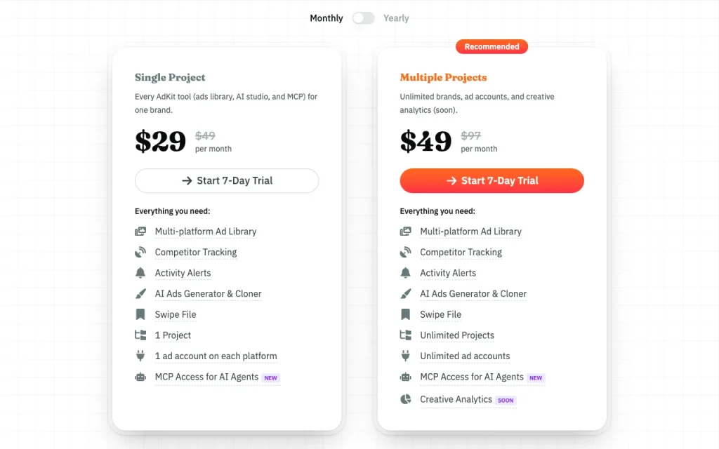 AdKit página de precios con planes y precios — captura de pantalla de la herramienta de IA productividad y escritura, Oct 1, 2026