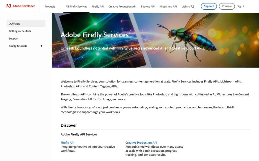 Adobe Firefly Documentación de la API — captura de pantalla de la herramienta de IA generación de imágenes, Oct 13, 2026