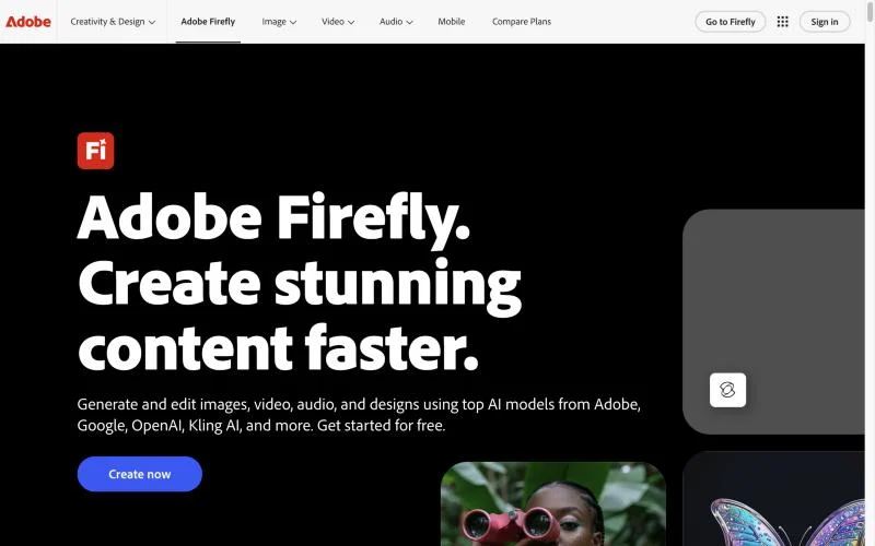 Adobe Firefly captura de tela da página inicial, ferramenta de IA geração de imagens
