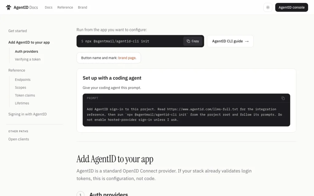 AgentID documentation — screenshot of the coding AI tool, Oct 1, 2026