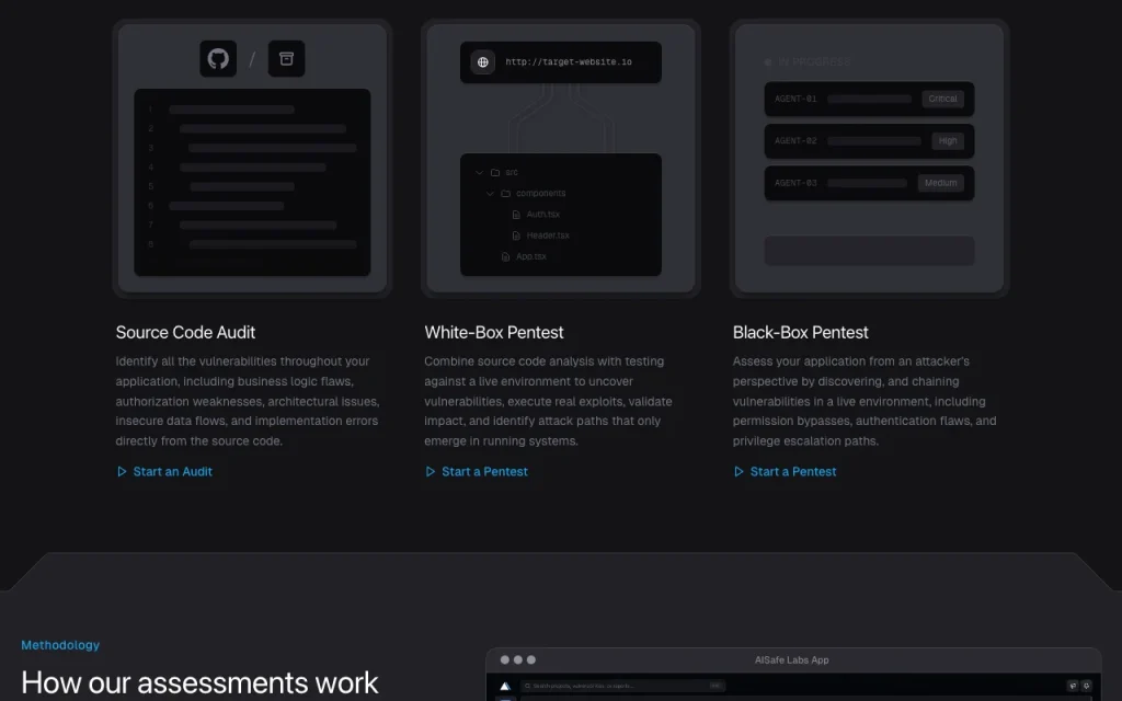 AISafe Labs página principal — captura de pantalla de la herramienta de IA programación, Oct 1, 2026