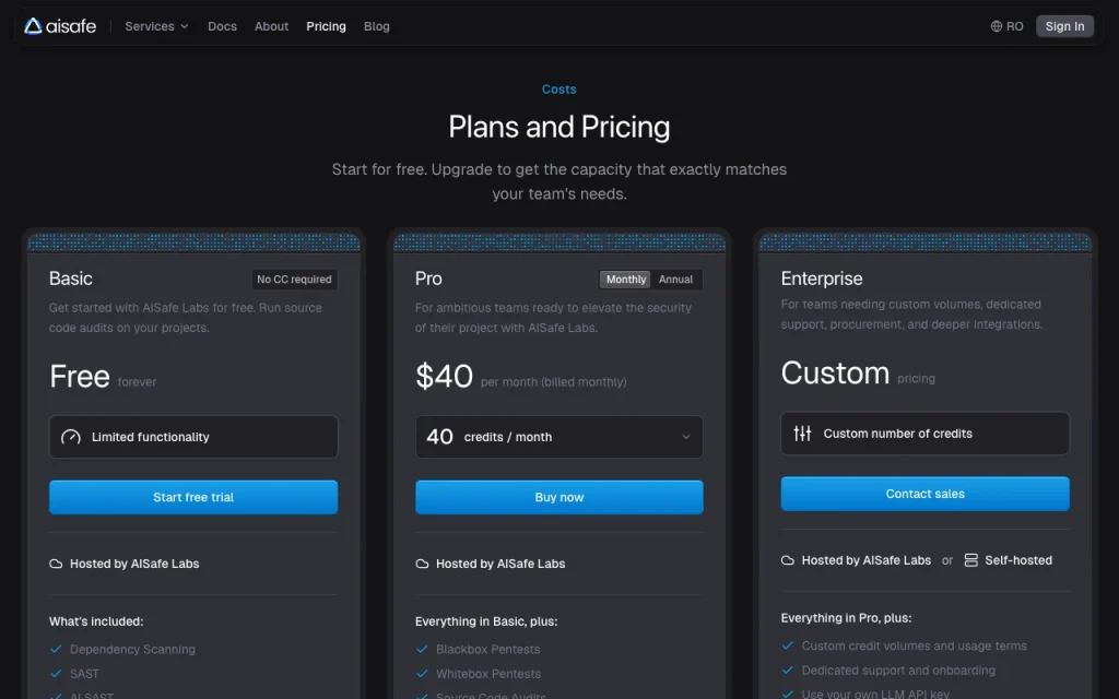 AISafe Labs página de precios con planes y precios — captura de pantalla de la herramienta de IA programación, Oct 1, 2026