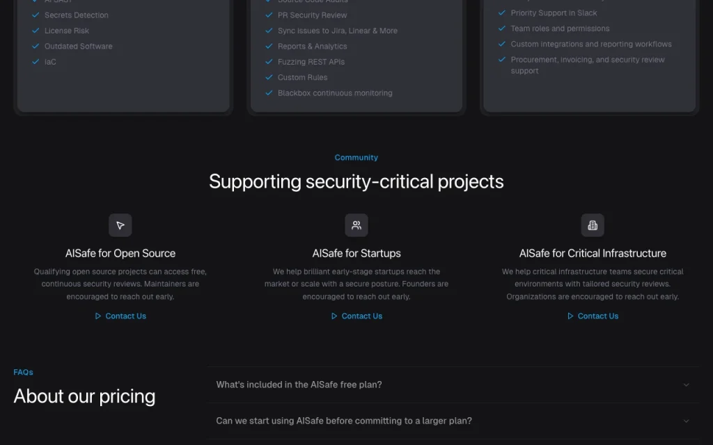 AISafe Labs página de precios con planes y precios — captura de pantalla de la herramienta de IA programación, Oct 1, 2026