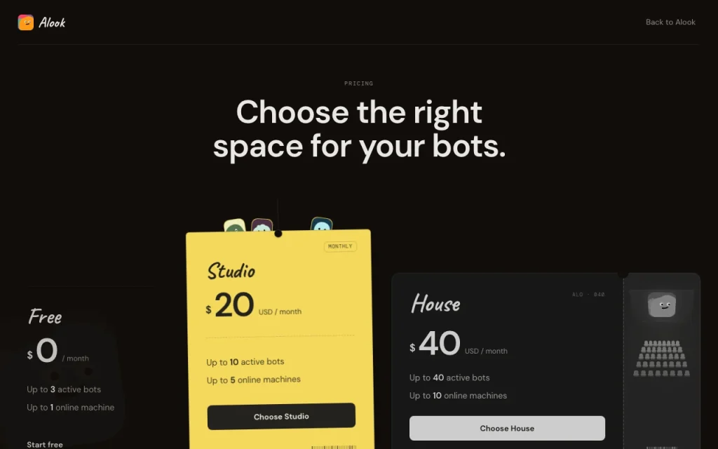 Alook pricing page with plans and prices — screenshot of the coding AI tool, Oct 1, 2026