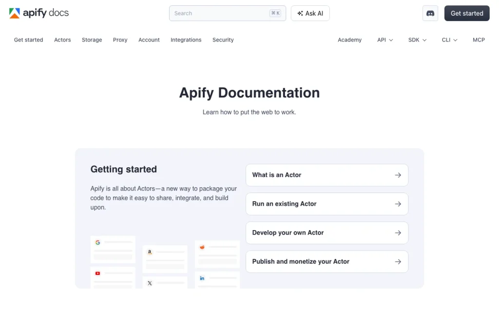 Apify documentación — captura de pantalla de la herramienta de IA programación, Oct 1, 2026