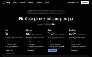 Apify pricing page with plans and prices — screenshot of the coding AI tool, 2026-10-01