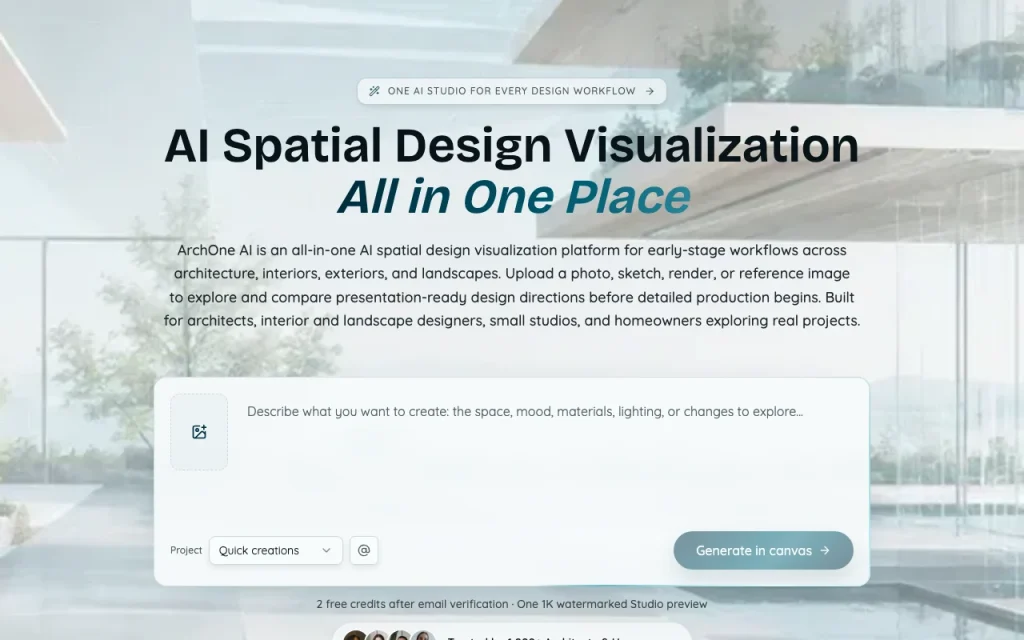 ArchOne AI homepage — screenshot of the image generation AI tool, Oct 1, 2026