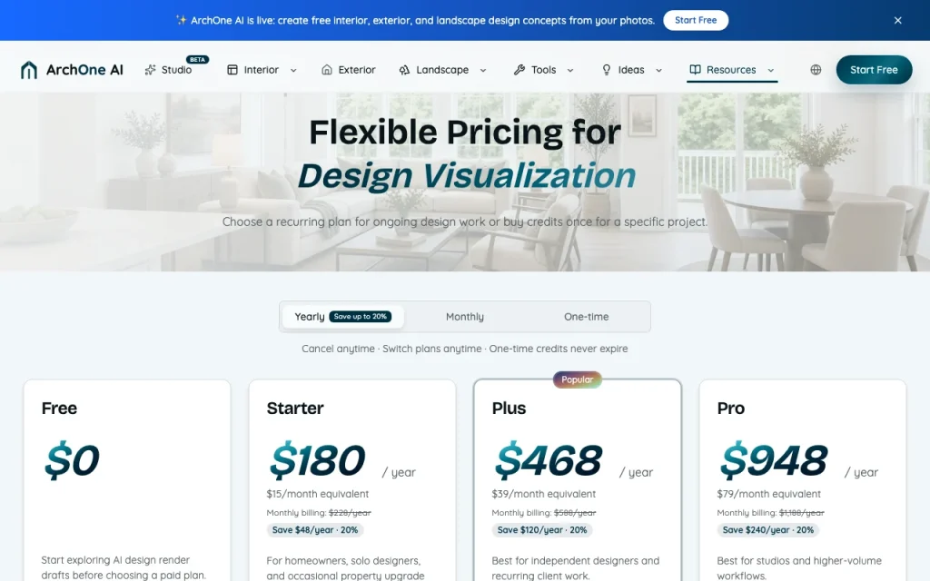 ArchOne AI pricing page with plans and prices — screenshot of the image generation AI tool, Oct 1, 2026