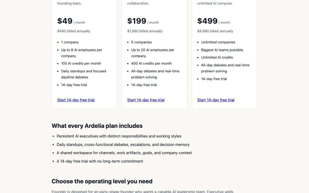 Ardelia página de precios con planes y precios — captura de pantalla de la herramienta de IA productividad y escritura, Oct 1, 2026