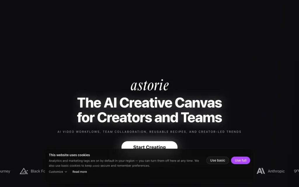 Astorie homepage — screenshot of the video AI tool, Oct 1, 2026