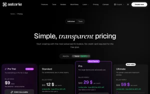 Astorie pricing page with plans and prices — screenshot of the video AI tool, 2026-10-01