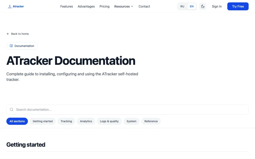 ATracker documentation — capture d'écran de l'outil d'IA productivité et rédaction, Oct 1, 2026