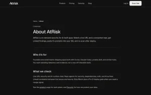 AtRisk about page — screenshot of the coding AI tool, 2026-10-01