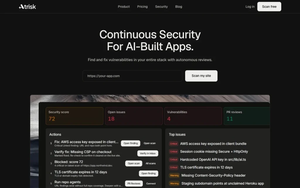 AtRisk Startseite – Screenshot des KI-Tools coding, Oct 1, 2026