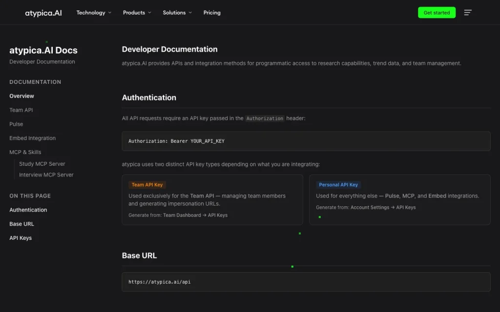 atypica.AI Documentación de la API — captura de pantalla de la herramienta de IA investigación y búsqueda, Oct 1, 2026