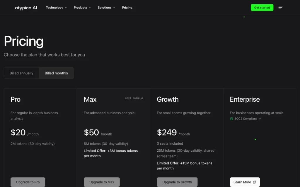 atypica.AI página de precios con planes y precios — captura de pantalla de la herramienta de IA investigación y búsqueda, Oct 1, 2026