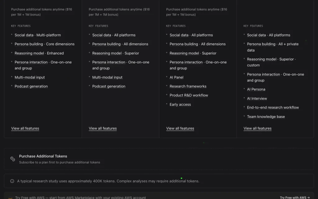 atypica.AI pricing page with plans and prices — screenshot of the research & search AI tool, Oct 1, 2026