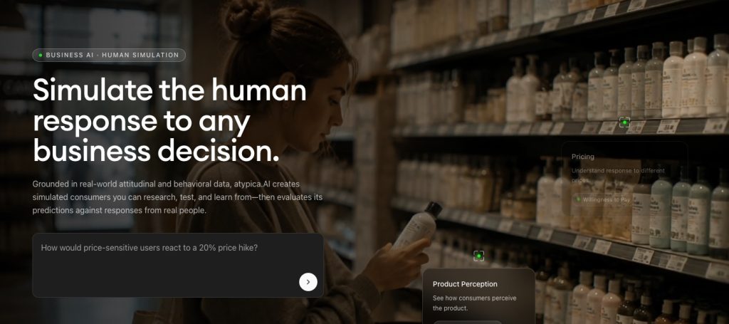 Captura de la página de inicio de atypica.AI, herramienta de IA investigación y búsqueda