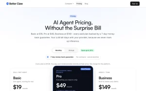 BetterClaw pricing page with plans and prices — screenshot of the productivity & writing AI tool, 2026-10-01