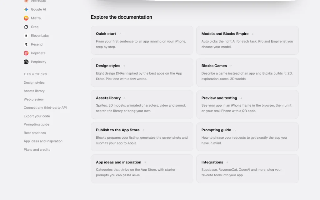 Bloxks documentación — captura de pantalla de la herramienta de IA programación, Oct 1, 2026