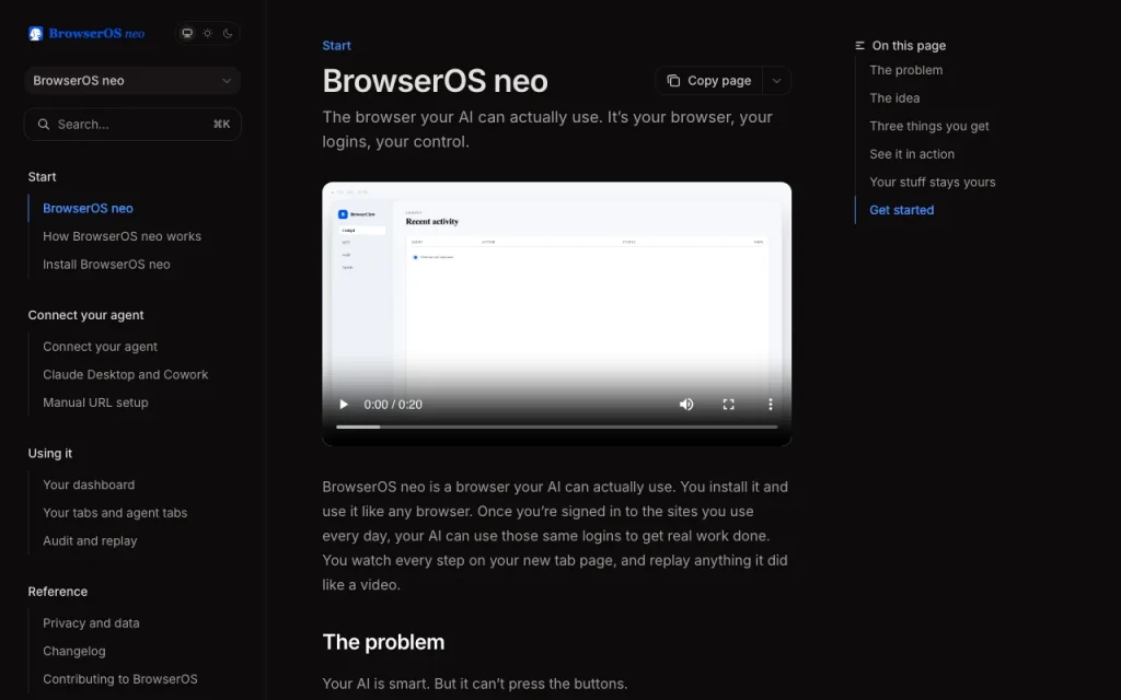 BrowserOS neo (formerly BrowserClaw) documentación — captura de pantalla de la herramienta de IA productividad y escritura, Oct 1, 2026