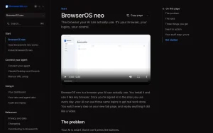 BrowserOS neo (formerly BrowserClaw) documentation — screenshot of the productivity & writing AI tool, 2026-10-01