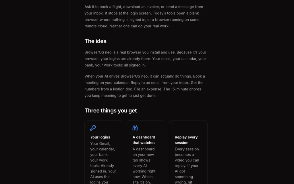 BrowserOS neo (formerly BrowserClaw) documentación — captura de pantalla de la herramienta de IA productividad y escritura, Oct 1, 2026