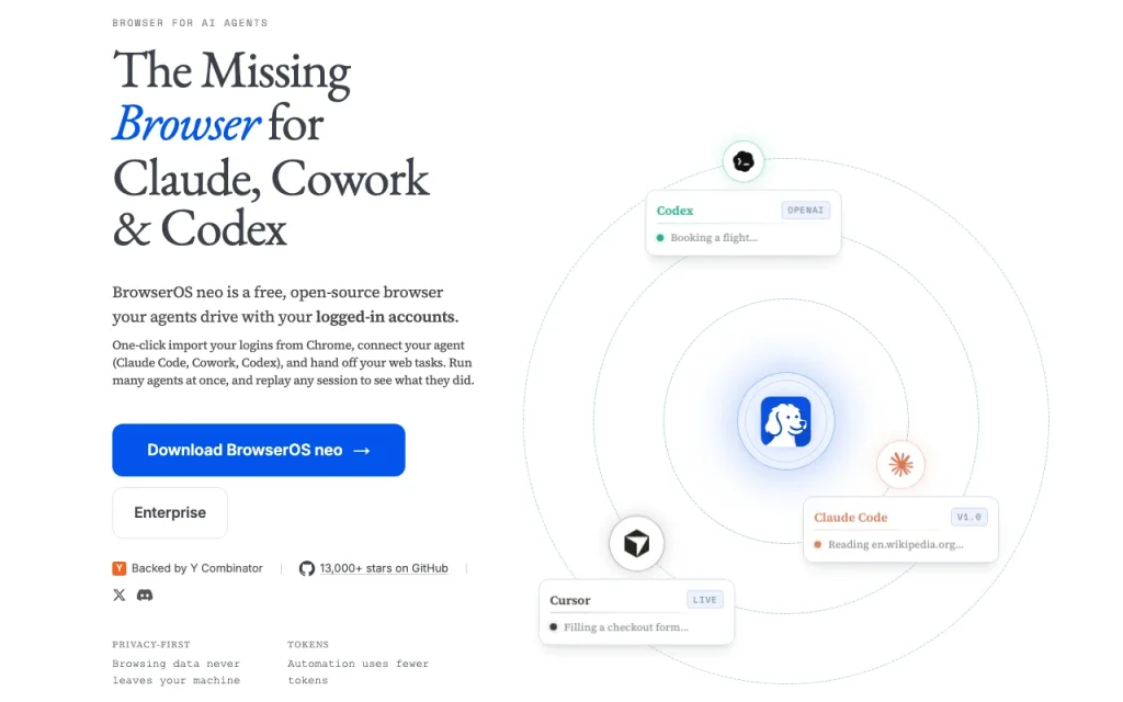 BrowserOS neo (formerly BrowserClaw) página principal — captura de pantalla de la herramienta de IA productividad y escritura, Oct 1, 2026