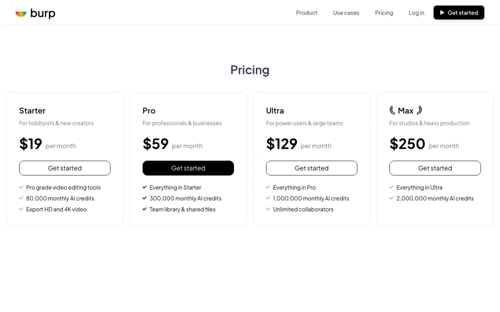 Burp pricing page with plans and prices — screenshot of the video AI tool, Oct 1, 2026
