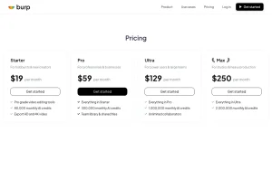 Burp pricing page with plans and prices — screenshot of the video AI tool, 2026-10-01