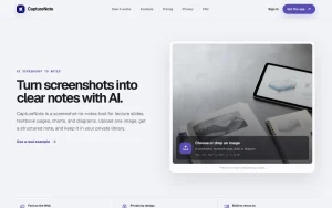 CaptureNote homepage — screenshot of the productivity & writing AI tool, 2026-10-01
