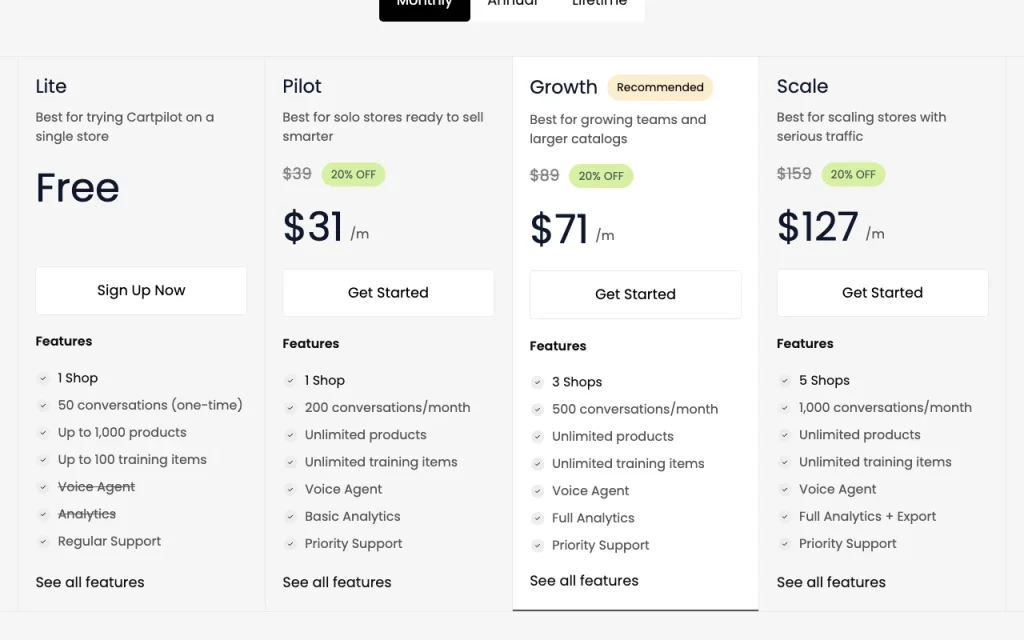 CartPilot pricing page with plans and prices — screenshot of the chat assistants AI tool, Oct 1, 2026