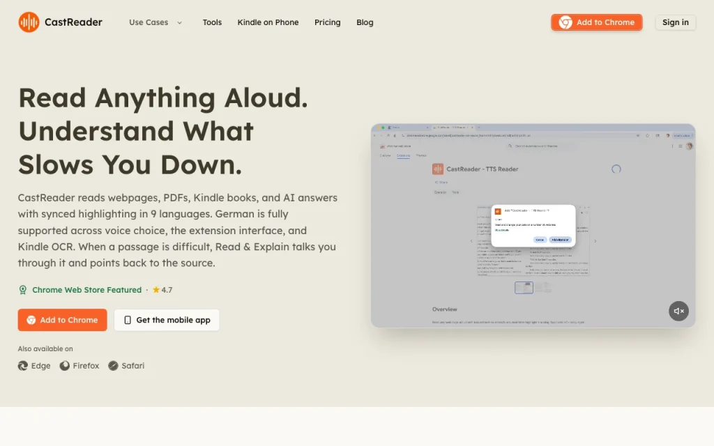 CastReader Startseite – Screenshot des KI-Tools audio & sprache, Oct 1, 2026