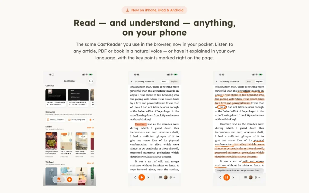 CastReader homepage — screenshot of the audio & voice AI tool, Oct 1, 2026