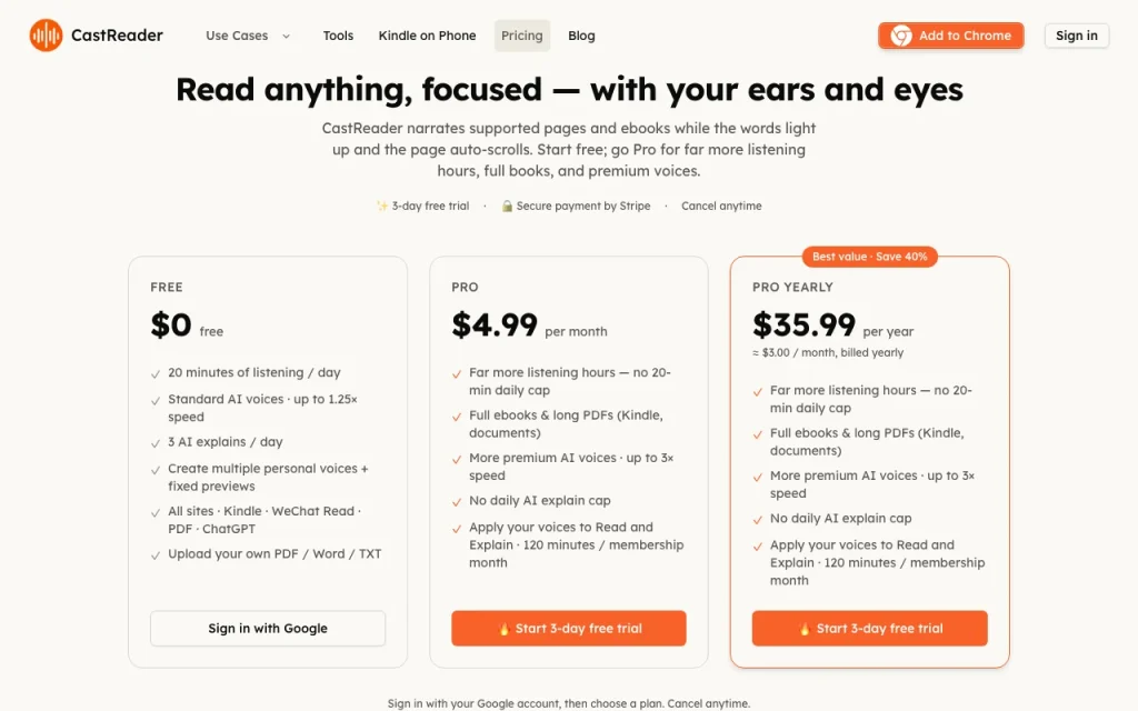 CastReader pricing page with plans and prices — screenshot of the audio & voice AI tool, Oct 1, 2026