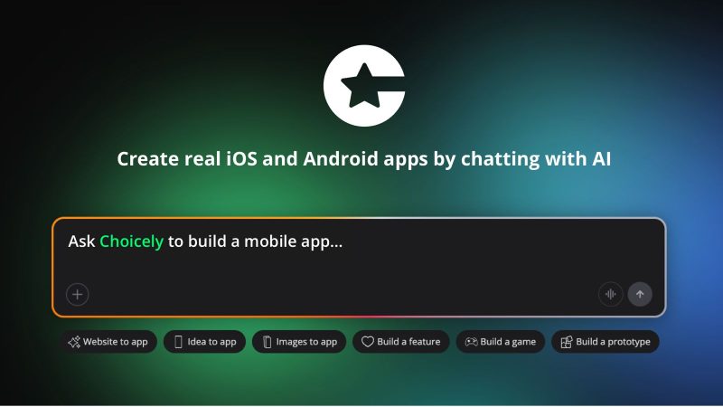 Choicely homepage screenshot, coding AI tool