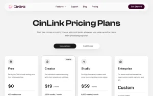 CinLink pricing page with plans and prices — screenshot of the video AI tool, 2026-10-01