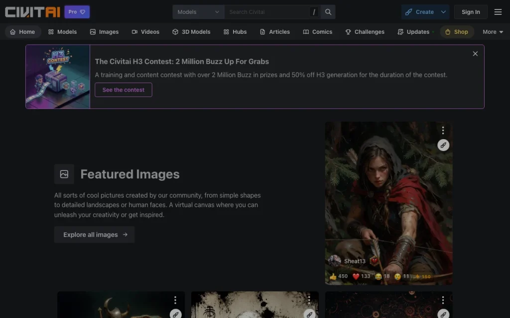 Capture d'écran de la page d'accueil de Civitai, outil d'IA génération d'images
