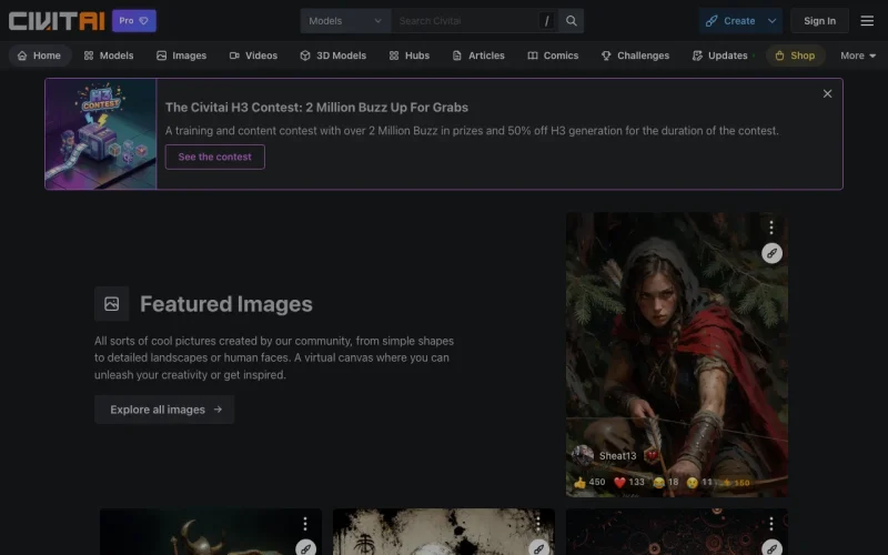 Civitai homepage screenshot, image generation AI tool