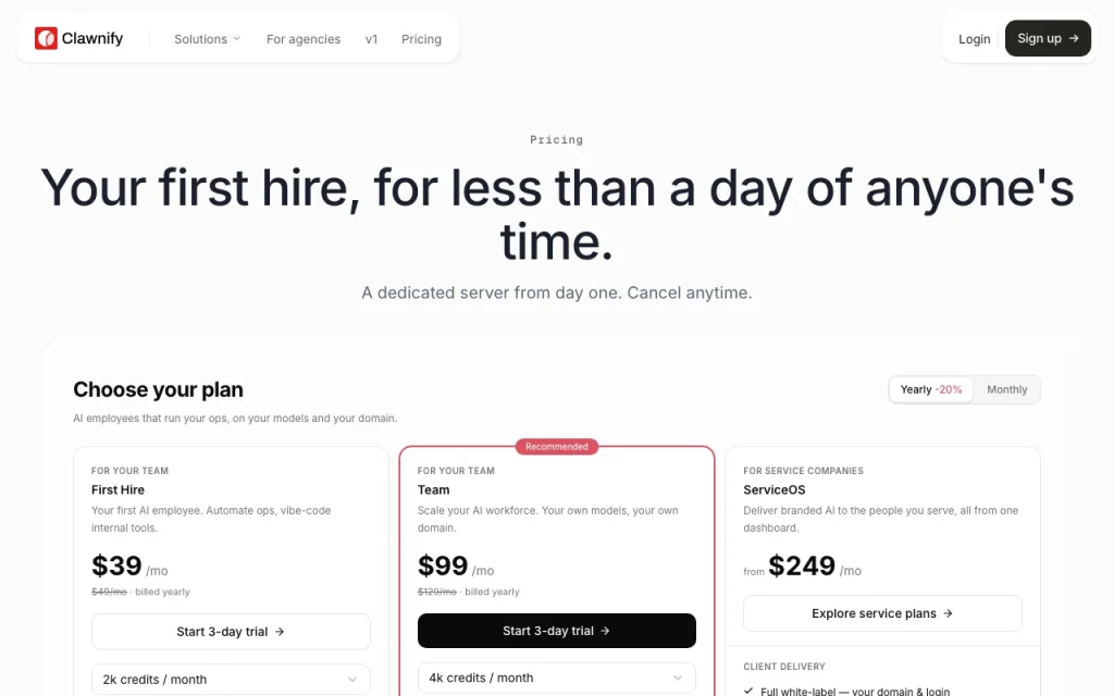 Clawnify page de tarifs avec offres et prix — capture d'écran de l'outil d'IA productivité et rédaction, Oct 1, 2026
