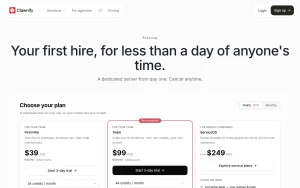 Clawnify pricing page with plans and prices — screenshot of the productivity & writing AI tool, 2026-10-01